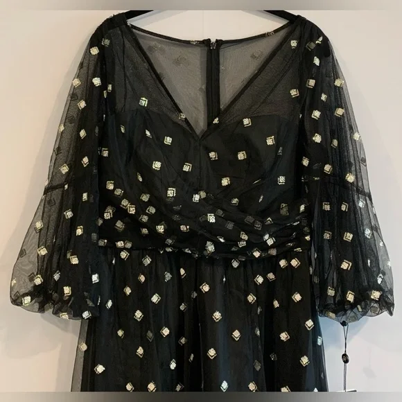 NWT, Adrianna Papell "Glitter Tulle Long Dress" in Black w/ Puff Sleeve, Size 8 - Picture 4 of 12